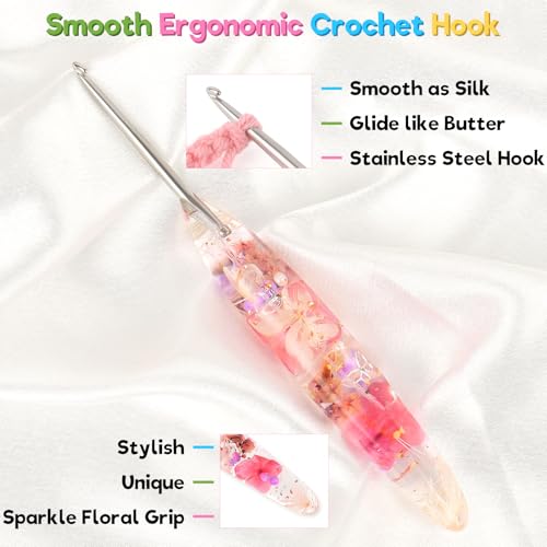 Image of Katech 3.0mm Crochet Hook for Arthritic Hands,Hand-Polished Stainless Steel | Ergonomic Crochet Hooks with Customized Sparkle Dried Floral Grip, Smooth Tapered Hook-Crochet Gift for Beginner & Crocheter