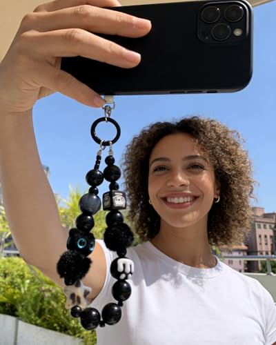 YONONIC Beaded Phone Charm Cat, Detachable Fluffy Cell Phone Chain for Women Girl, Anti-Theft Star Cute Cat Charm Wrist Strap for Bag, Purse, Handbags, Backpack Keychain, Camera, Decorat Gift, Black — view 6