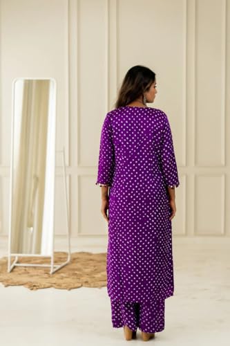 Image of LookMark Women Cotton Blend Bandhej Printed Bandhani Kurta Palazzo Set With Sequence Lace