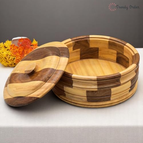 Image of Casserole for Roti /Chapati | 9 Inch Chess Design Roti Box with Lid | Premium Wooden Roti Dabba for Kitchen & Dining Two-Tone Brown