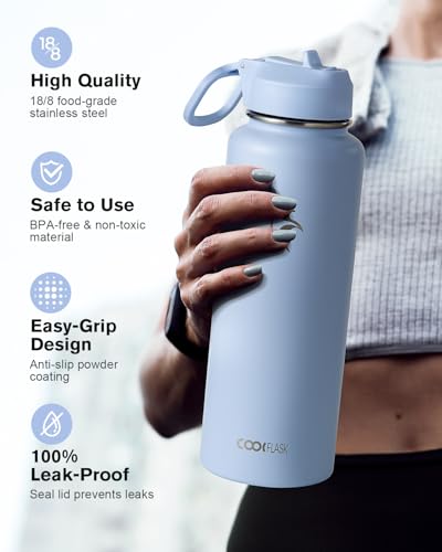 Image of Coolflask 40 oz Water Bottle Insulated with Straw & 3 Leakproof Lids