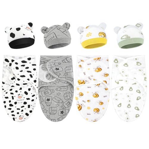 Image of Buryeah 4 Pack Preemie Swaddle Blanket Wrap Set with Hat for Baby Boys Girls 3-7 Lbs Preemie Newborn Clothes Sleepers Cap