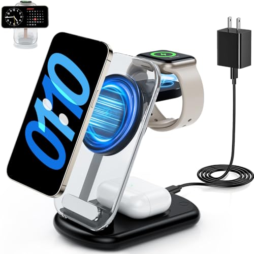 2024 Version 3 in 1 Magnetic Charger for iPhone Devices,Fast Foldable Mag-Safe Charger Stand with Night Light for iPhone 15/14/13/12 Series,iWatch Ultra/SE/9/8/7/6/5/4/3/2/1,Air Pods 3/2/Pro(Black)