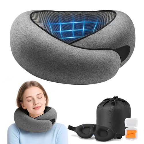 Advanced Memory Foam Neck Travel Pillow, Neck Pillow Airplane with Eye Mask & Ear Plugs, Designed for The Comfort of Travel & Office, Travel Pillow for Plane, Car, Home, Work, Dark Grey