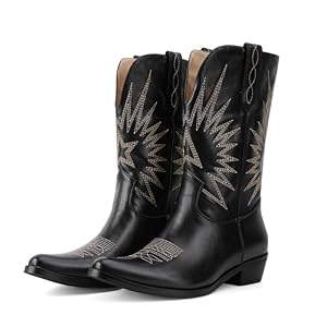QIV Cowboy Boots for Women Western Mid Calf Pointed Toe Chunky Heel Cowgirl Boots with Embroidered