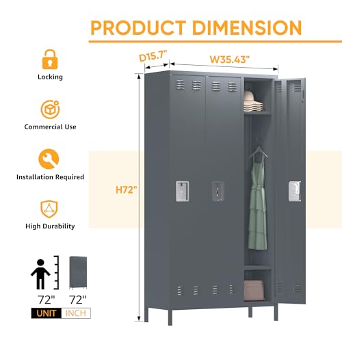 SUXXAN 3 Doors Metal Lockers for Employees with 9 Hooks for Offices School Gyms Home,Assembly Required,Dark Gray - Image 4