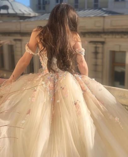 2023 Champagne Quincenera Dresses Off The Shoulder Princess Dresses Elegent Prom Ball Gowns with Train3