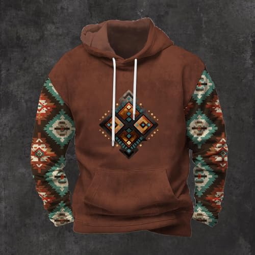 LOAIHA Ethnic Print Hoodie for Men Classic Aztec Graphic Patchwork Tops Hooded Drop Shoulder Loose Sweatshirt with Pocket4