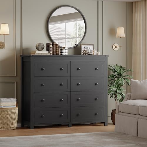 Image of BORNOON Tall 8-Drawer Dresser, Modern Wooden Storage Chest of Drawers, Dresser TV Stand, Wood Drawer Organizer with Metal Handles for Bedroom, Living Room, Hallway
