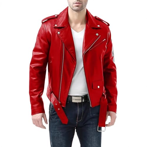 Cambkatl Men's PU Leather Jacket Casual Belted Faux Leather Motorcycle Jackets Zipper Biker Coats Windbreaker