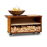 MULTITALENTO: La base estable es perfecta para guardar cómodamente la leña o el carbón de la barbacoa gracias a un estante de bambú. La tabla de cortar incluida también es ideal para preparar alimentos a la parrilla, como verduras o carne.