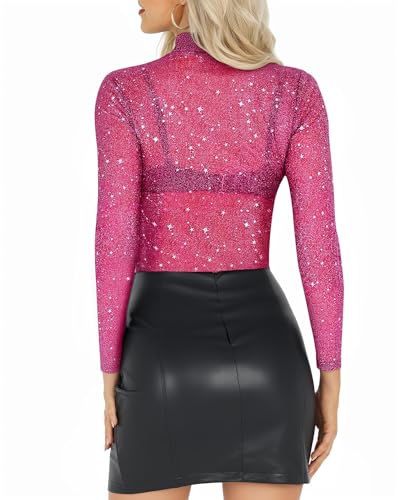 Image of MANGOPOP Women's Long Sleeve Short Sleeve Glitter Sheer Mesh Tops T Shirt Blouse Clubwear (1111 (Rose Pink), XX-Large)