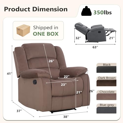 Image of ANJ Fabric Recliner Chair with Overstuffed Arm and Back, Comfy Chocolate Manual Reclining Chairs for Adults, Living Room Single Sofa Recliners