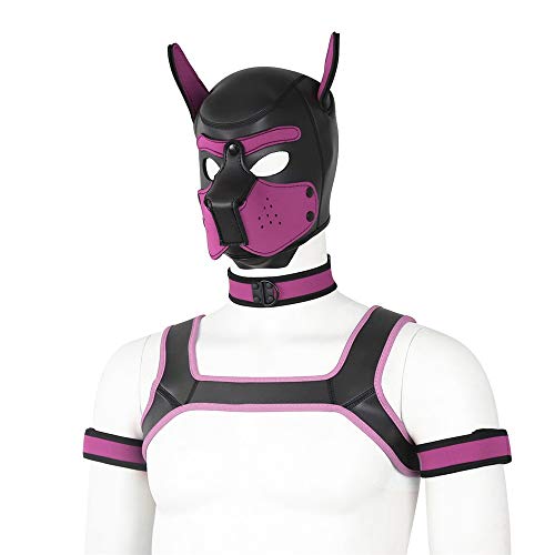YiQin RWSX Weiche Latex-Hundemaske mit Ohren, Welpenmaske für Cosplay-Party-Maskerade Set (Maske, Halsband, Armbinde, Riemen) (Color : Pink, Size : Large)