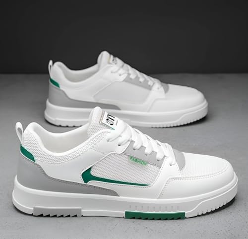 Image of Men's Fashion Sneakers, White and Green, Low-Top Lace-Up Casual Shoes with Mesh Panel