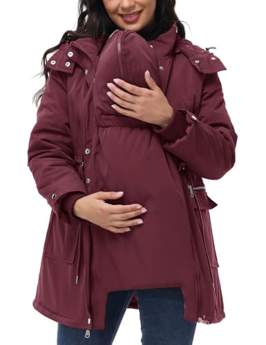 Maacie Chaqueta premamá de algodón con cuello alto e impermeable, color burdeos, talla M