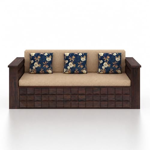 Image of Ganpati Arts Solid Sheesham Wood 3 Seater Diamond Sofa Cum Bed with Side Pocket for Living Room Bedroom Wooden Bedroom Furniture for Home 1 Year Warranty (Walnut Finish)