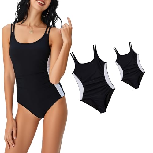 IFFEI Mommy and Me Swimsuits Scoop Neck Color Block Tummy Control One Piece Bathing Suit Family Matching Swimwear Beachwear