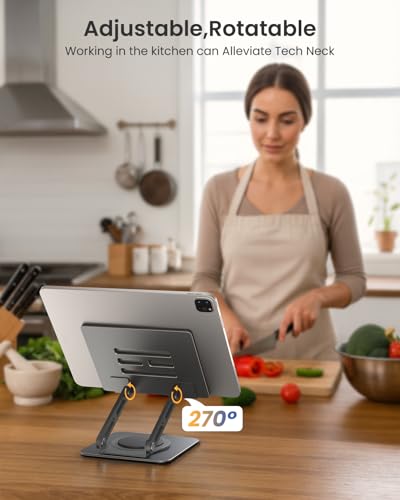 Image of LOXP Metal Tablet Stand, 360 Rotating iPad Stand with Heavy-Duty Base, Tablet Holder Compatible with 4.0-16.9 inch Device, iPad Pro Air Mini, Kindle, Surface Tablet, Portable Monitors - Gray