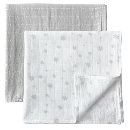 Image of MOZAH Organic Muslin Swaddle Blankets - Grey & Stars - 2 Pack - for Baby Boy or Girl - Ideal for Newborns, Toddlers & Registry Essentials