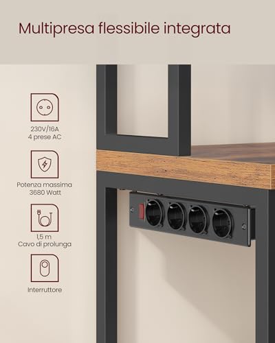 VASAGLE Scaffale Cucina con Prese, con Piano Alto 90 cm, Scaffale per Microonde con 8 Ganci, 40 x 60 x 170 cm, Marrone Vintage e Nero Inchiostro KKS058K02 - immagine 6