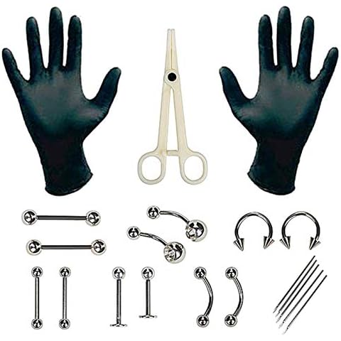 20pcs Body Piercing Jewelry Kit Nose Tragus Belly Tongue Lip Needles Piercing Bar Ring Stainless Steel Jewelry Tool Cover