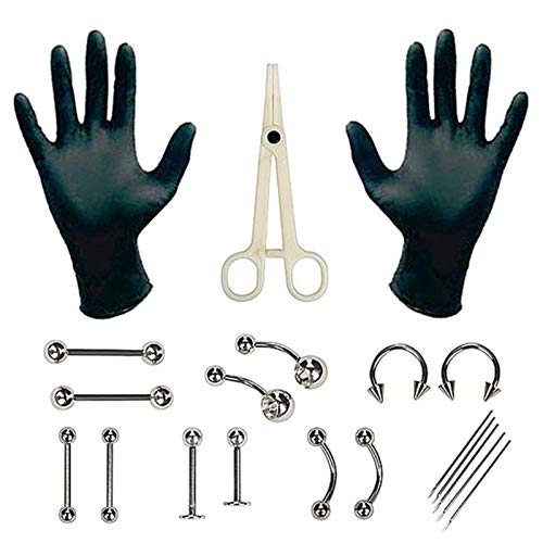 20 pièces Kit de Piercing de Corps Nez Tragus Ventre Langue Aiguilles À Lèvres Piercing Barre Anneau En Acier Inoxydable Outil Cover