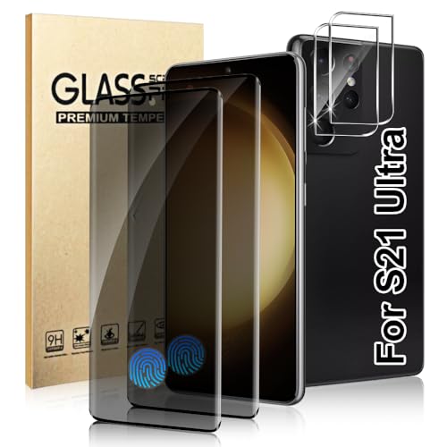 2 Pack Galaxy S21 Ultra Privacy Screen Protector+2 Pack Camera Lens Protector, Fingerprint support,9H Hardness Tempered Glass,Scratch Resistant,for S21 Ultra Anti Spy Glass Screen Protector 6.8 Inch