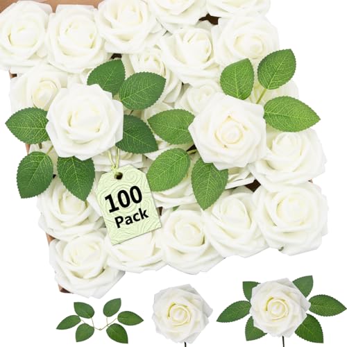 SPORTYOUTH 100Pcs Artificial Flowers White Foam Fake Roses Bulk with Stems, Valentines Gift & Decor, Real Looking for DIY Wedding Bouquets Centerpiece Bridal Shower Party Home Mother Wife