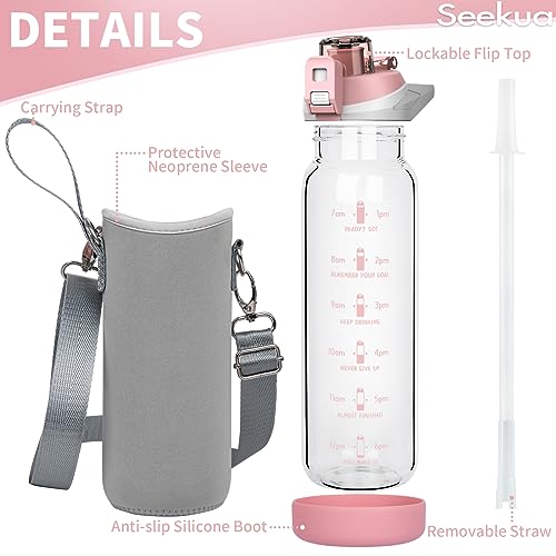 Seekua 800ml Glass Water Bottle with Straw & Time Markings BPA free Motivational Glass Drinking Bottle Leakproof - Image 3