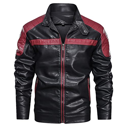 Maiyifu-GJ Motorcycle Jacket for Men Faux Leather Zip Up Windproof Moto Coat Stand Collar Vintage Bomber Windbreaker (Red,X-Large)