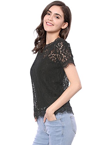 Allegra K Women's Lace Floral Scalloped Trim Short Sleeve Semi Sheer Top4