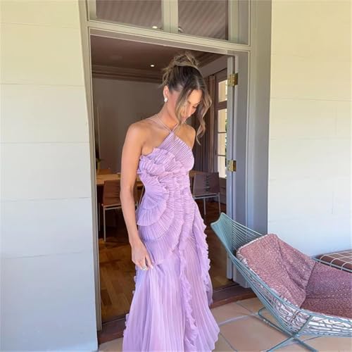 Women Pleated Halter Neck Long Vacation Dress Purple Strapless Lotus Edge Dress2
