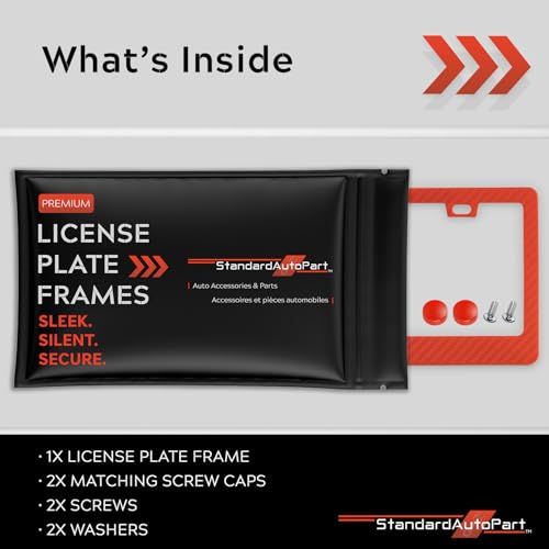 Image of Premium Slim Red Carbon Fiber Design License Plate Frame - 1 Piece, Durable Plastic, Rust-Free, License Plate Protector, Street Legal, Universal with Screw Caps