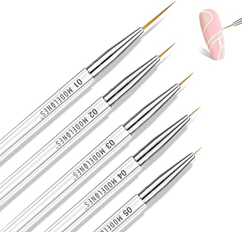 Modelones Nail Brush Set for Nail Art Liner Brushes 5Pcs Thin Nail Art Brush for Nails Gel Polish Painting Designs with Hexagonal Shape Easy Hold 5/7/9/11/20mm