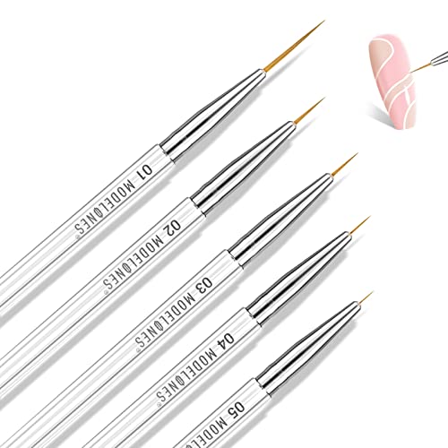 Modelones Nail Brushes for Nail Art Detail Liner Brushes Thin Nail Art Designs Brush Pen Set Nails Gel Polish Painting with Hexagonal Shape Easy Hold Sizes 5/7/9/11/20mm, 5Pcs