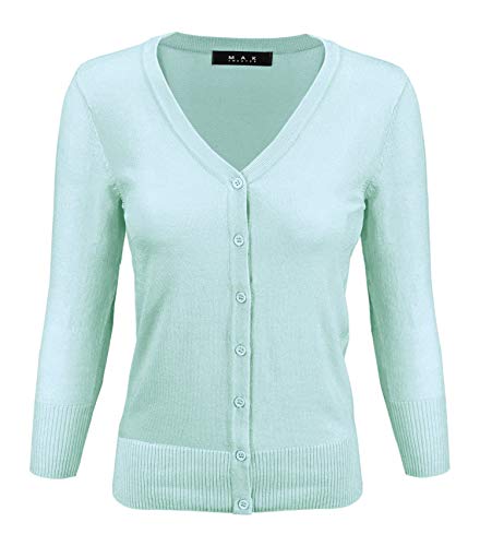 YEMAK Women's Knit Cardigan Sweater â€“ 3/4 Sleeve V-Neck Basic Classic Casual Button Down Soft Lightweight Knitted Top CO078-IBL-3X Ice Blue