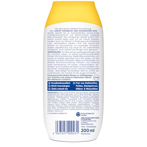 Ladival Sonnenschutz Gel LSF 50+ für allergische Haut - Sonnencreme bei Sonnenallergie und Mallorca-Akne, wasserfest, fettfrei, 4-fach Zellschutz, korallenfreundlich, leichte Gel-Formel, 200ml