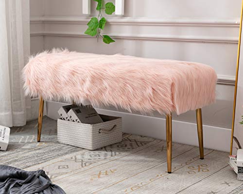 Kmax Fur Entryway Bench, Pink Shaggy Furry Cute Makeup Bench Seat for Girls, Modern Long Bench with Gold Metal Legs for Bedroom Living Vanity Room