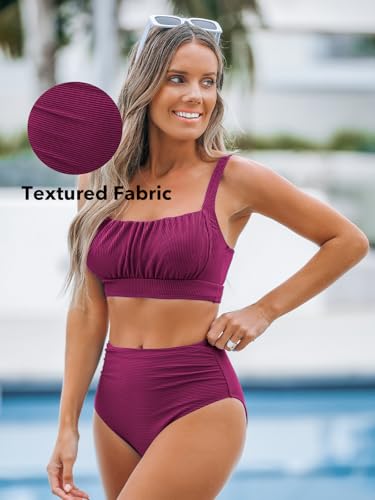 Image of CUPSHE Women's Tummy Control High Waisted Bikini Set Textured Bathing Suit | Removable Soft Cups, Ruched, Adjustable Wide Straps, Ribbed Texture, Twist Back Detail, Full Coverage, Sporty, Beach Vacation