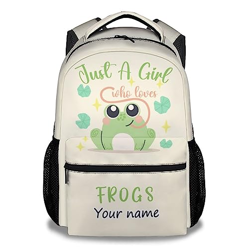 Personalized Frog Backpacks for Girls Boys, 16 Inch Cute Backpack for School, Green, Large Capacity, Durable, Lightweight Bookbag for Kids Travel