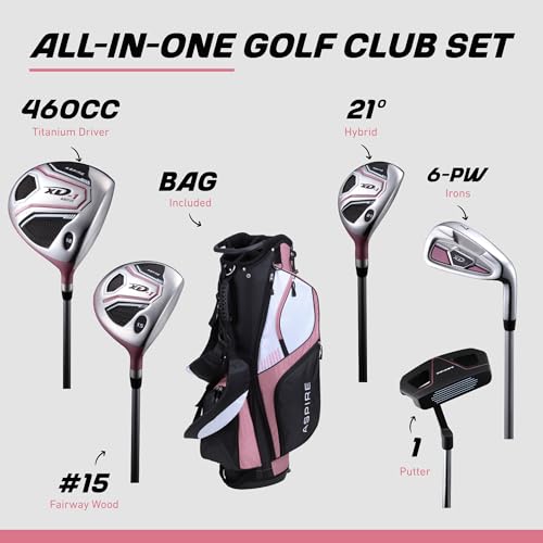 Image of Aspire XD1 Womens Golf Clubs Full Set, Includes Driver, Fairway, Hybrid, 6-PW Irons, Putter, Stand Bag, 3 H /C's, Ultra-Light Graphite Shafts, Golf Clubs Women Right Handed, Comes in 3 Sizes, Pink