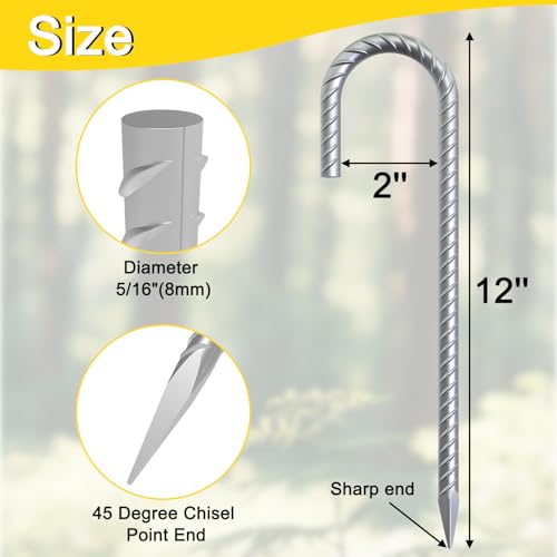 OK5STAR Rebar Stakes 12 inch, 5/16\" Diameter Heavy Duty J Hook Stakes 30 Pack, Galvanized Anti-Rust Ground Anchor Long Tent Stakes for Dog Fence Trompoline Swing Set