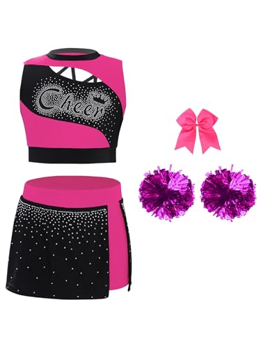 Costume cheerleading rose pailleté avec jupe plissée et deux pompons inclus