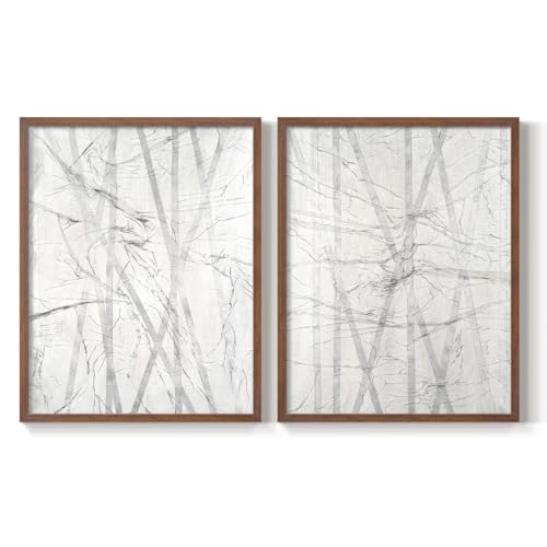 Renditions Gallery Set of 2 Peel & Stick Framed Prints, Abstract Wall Art, Misty White Snowy Pewter Forrest Wall Decor, Re-Stickable - Ready to Hang - 22"x28" - Walnut Frame LT585