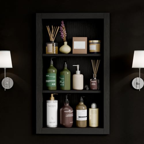 HAIDAIYA 14 * 24 Recessed Medicine Cabinet Wall Niche Wood 3-Tier Bathroom Niche Insert for Drywall in Wall Shelf Medicine Cabinets Replacement for Living Room Bathroom Storage Black