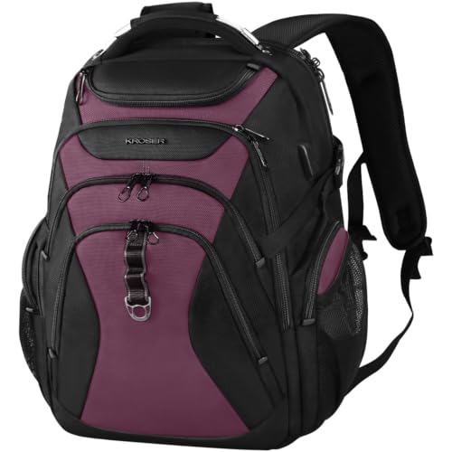 Image of KROSER Travel Laptop Backpack 18.4 Inch XXXL Gaming Backpack with Hard Shell Saferoom RFID Pockets Water-Repellent Business College Daypack Stylish Laptop Bag for Men /Women-Black Burgundy