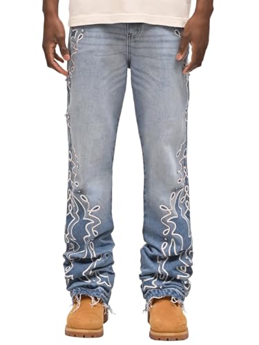 crazynekos Men's Ripped Slim Fit Straight Leg Jean Pearl Patch Denim Pant Baggy Trousers with Pockets2