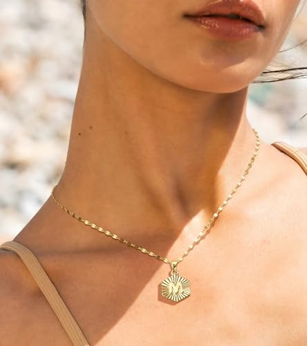 Howoo Initial Necklace for Women, 14k Gold Plated Letter Pendant Necklace Dainty Gold Hexagon Jewelry for Women Mens Summer Beach Vacation - image 3