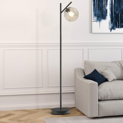 Image of Vintage Floor Lamp for Living Room Mid Century Black Floor Freestanding Lamp Farmhouses Cognac Glass Globe Standing Tall Pole Lamp for Study Room Hotel Bedroom
